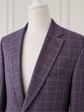 JKT New York 100% Linen Plaid Sport Coat Blazer Men’s 44R Purple Blue Windowpane
